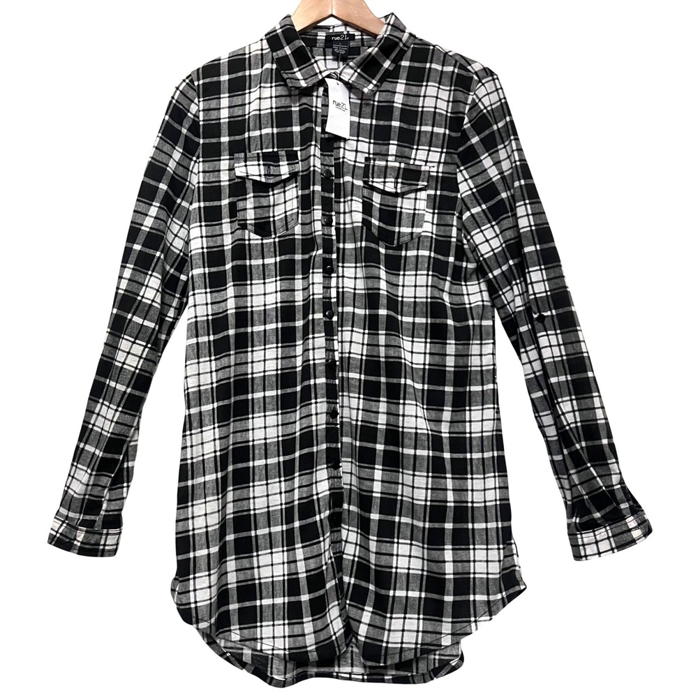 NWT Rue 21 Womens Plaid Long Sleeve Button Up Shirt‎ Dress Tunic Black White L